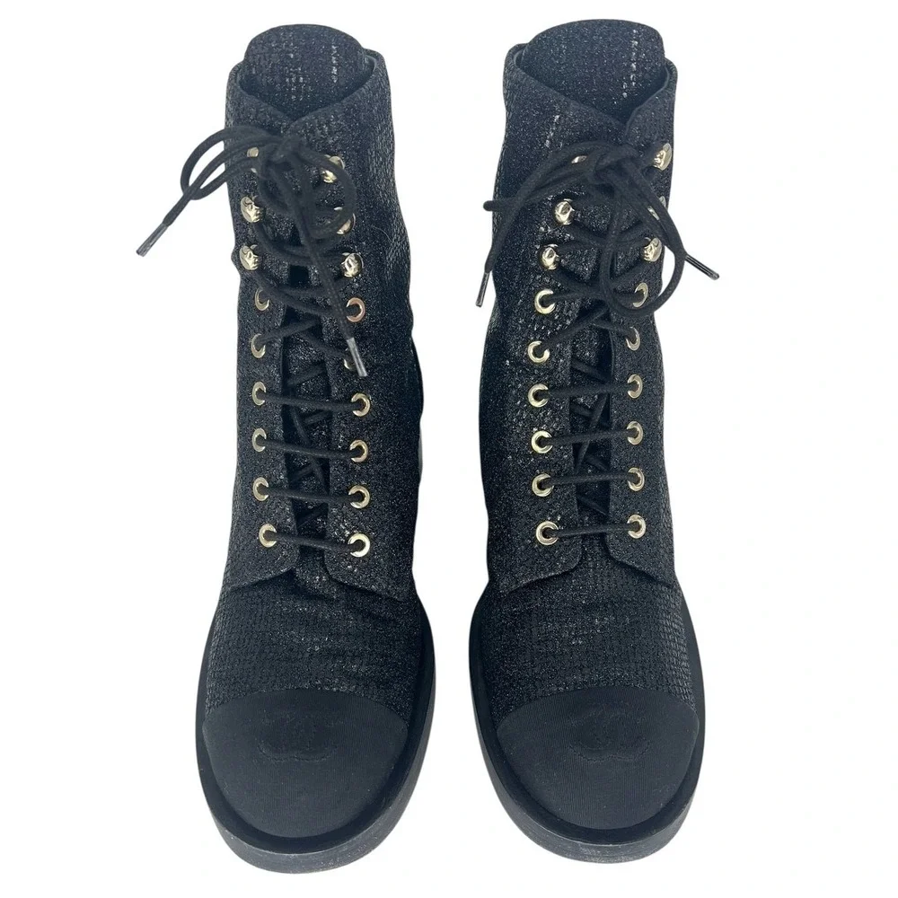 Chanel‎ 2022 CC Logo Glitter Combat Boots Black Runway Virginie Viard 38.5
